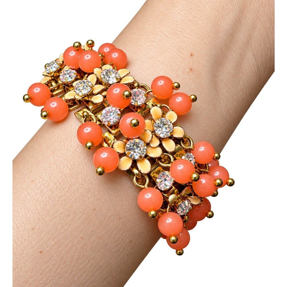 J.Crew Cha Cha Bracelet Orange Beads Rhinestone Enamel Flowers Gold Tone
